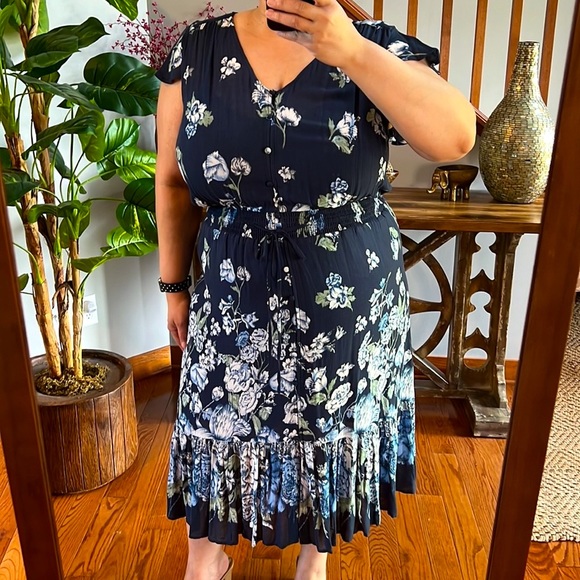 Lucky Brand 2X Blue Floral High Low Hem Midi Dress - Picture 7 of 16